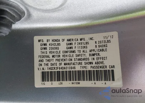 2013 Honda Accord Ex-L V-6 z USA, uszkodzony, nr VIN 1HGCR3F84DA010646